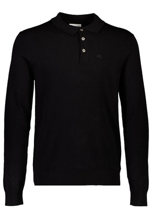 Polo en laine à manches longues noir avec un col classique, une patte de boutonnage à trois boutons, des poignets côtelés et un logo discret sur la poitrine.