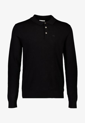 Pulover polo negru cu mânecă lungă, guler clasic, placket cu trei butoane, manșete cu model și un logo subtil pe piept.