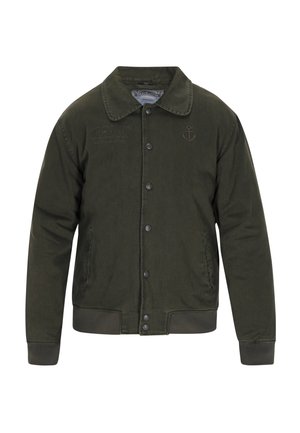 Olivenæs farvet kanvasjakke med spidse kraver, knaplukning og sidelommer. Har et ankerlogo og broderede tekstdetaljer.