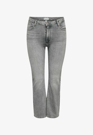 Szare dżinsy z denimu o prostym kroju nogawek, z pięcioma kieszeniami i zapięciem na guziki. Tkanina ma miękką, lekko wyblakłą fakturę.