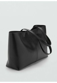 Black tote bag made of smooth leather, featuring long curved handles and a minimalist design with a structured shape. No visible hardware.