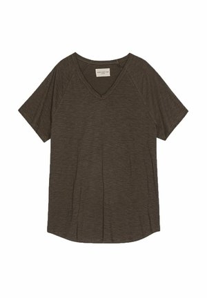 T-shirt a maniche corte V-neck marrone scuro con maniche raglan, disteso su uno sfondo bianco.