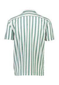 Valkoinen ja teal-pystysuora raidallinen lyhythihainen paita. Valmistettu kevyestä kankaasta, jossa on kauluskotelo ja rento istuvuus.