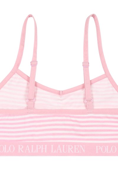 Bralette rayé rose avec des bretelles réglables et une bande élastique douce portant le logo "POLO RALPH LAUREN" en rose pâle. Texture de tissu lisse.