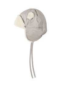 Gray knit hat with fluffy white lining, ear flaps, and a round pom-pom on top. Features ties for secure fitting.