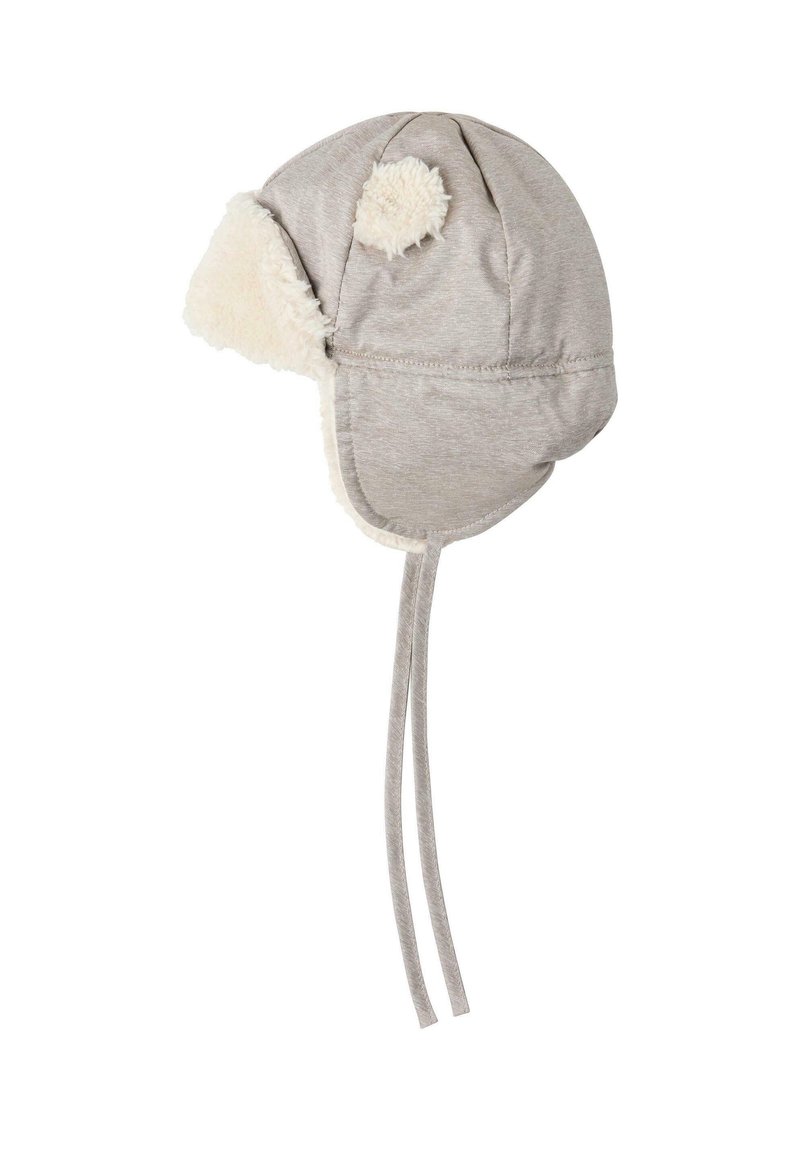 Gray knit hat with fluffy white lining, ear flaps, and a round pom-pom on top. Features ties for secure fitting.