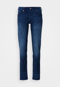Dunkelblaue Denim-Jeans mit geradem Bein, ausgestattet mit fünf Taschen, einem Knopfverschluss und dezenten Ausbleichungen an den Oberschenkeln.
