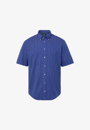 Kurzärmliges Hemd mit Knopfleiste, blau mit weißen wiederkehrenden Mustern. Verfügt über einen klassischen Kragen und eine standardmäßige Knopfleiste vorne.