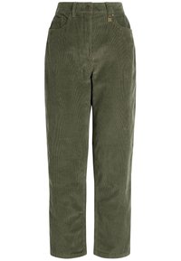 Olivgrüne Cordhosen mit geradem Bein, die vordere Taschen und einen Knopfverschluss aufweisen. Der Stoff ist gerippt und weich.