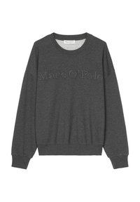 Sweat-shirt gris foncé à manches longues et col rond, avec manches et bas côtelés, affichant un texte en relief "Marc O'Polo" sur la poitrine.