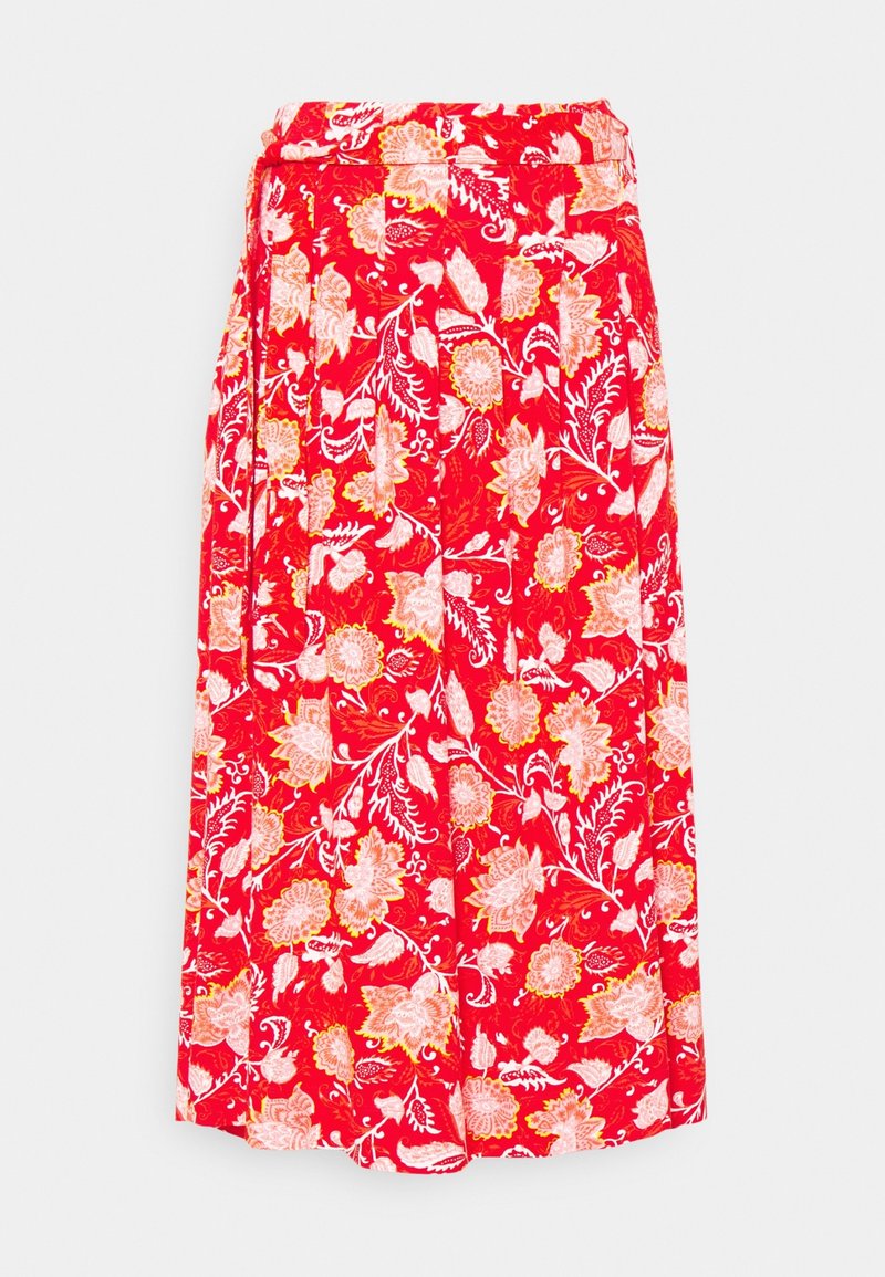 Falda roja con flores que presenta un patrón audaz en tonos blancos y amarillos, con una cintura ajustada y un diseño fluido. Fabricada con tejido ligero.