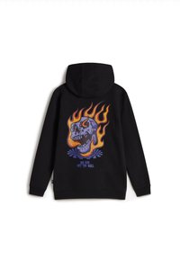 Zwarte hoodie met een grote grafische afbeelding van een paarse schedel omringd door oranje vlammen, tekst "WE ZIJN AF VAN DE MUUR," en geblokte accenten.