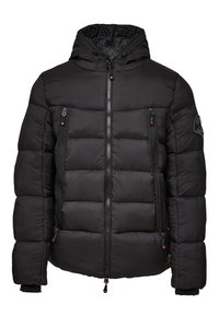 Schwarze Steppjacke mit durchgehendem Reißverschluss, zwei Fronttaschen und Kapuze. Verfügt über ein gestepptes Design und elastische Bündchen für Wärme.
