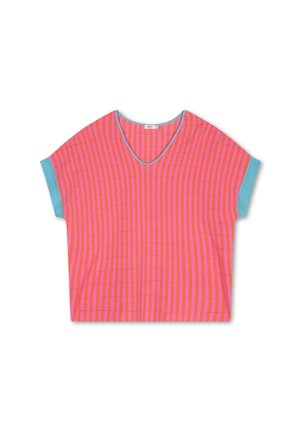 Korte mouwen, losvallend bovenstuk in roze en paarse verticale strepen met een V-halslijn en turquoise accenten op de mouwen en de halslijn.