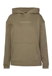 Sweat à capuche Calvin Klein vert olive avec poche kangourou à l’avant, poignets élastiques et capuche, présenté sur fond blanc.