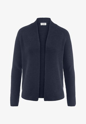 Dunkel marineblauer, offen getragener Strickcardigan mit langen Ärmeln und geripptem innerem Einsatz, vor weißem Hintergrund dargestellt.