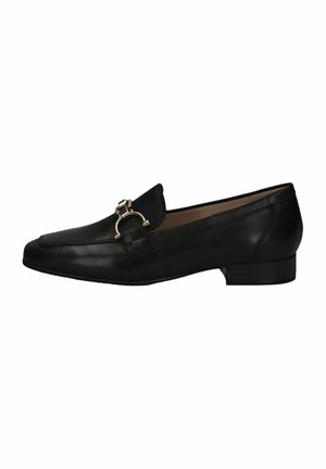 Black leather loafers with a flat heel, featuring a silver hardware accent on the front and a smooth finish. Classic design with clean lines.