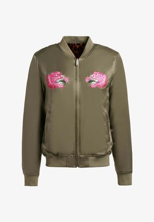 Olive green bomber jacket with front zipper, ribbed cuffs, and pink embroidered tiger heads holding roses on chest.
