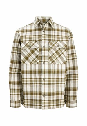 Plaid shirt in olive green and white, featuring a button-down collar, two chest pockets, and a relaxed fit. Made of a soft, textured fabric.