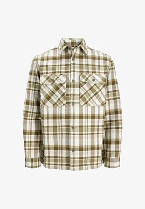 Olívazöld és fehér kockás ing, amely gombos gallérral, két mellzsebből és laza fazonból áll. Puha, textúrált anyagból készült.