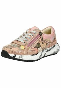 Sneaker rosa con motivo, tessuto a trama, lacci argentati e zip laterale. Il sottopiede bianco presenta testo nero, punta arrotondata e suola in gomma.