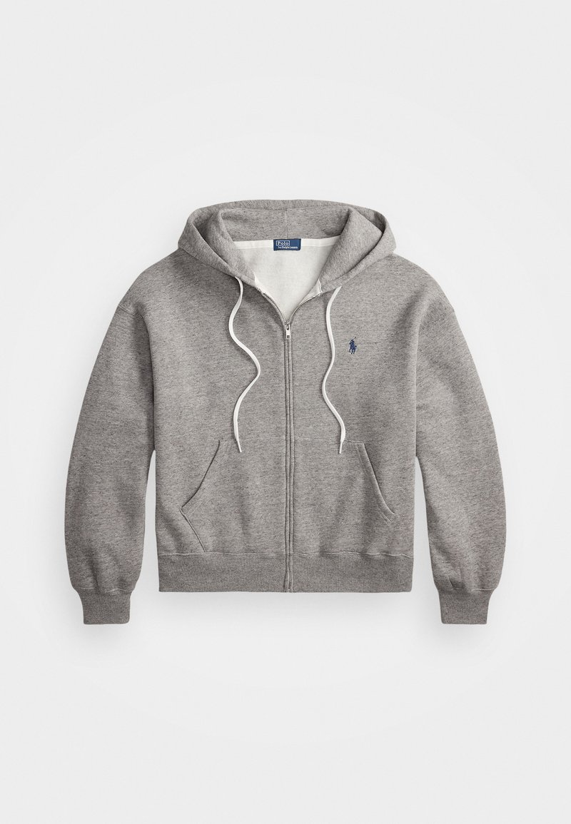 Grijze hoodie met ritssluiting, voorzien van een witte voering, voorzakken en een blauw logo op de linkerborst. Trekkoord in de capuchon voor verstelbaarheid.