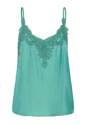 Petrolkleurige camisole top met kantdetails langs de V-hals en dunne verstelbare schouderbandjes, gladde stof.