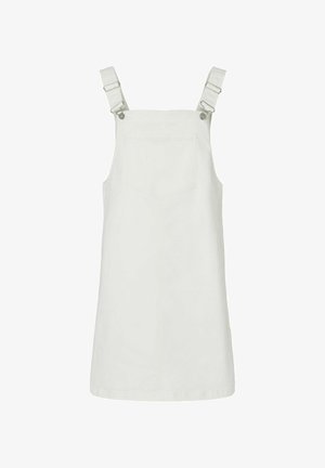 Valge denimpüksid, millel on reguleeritavad rihmad, eesmine tasku ja laienev kuju. Kanga tekstuur on pehme ning jooned on puhtad.