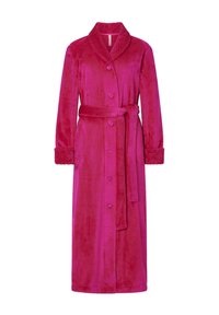 Bata de baño rosa difusa con cuello chal, mangas largas, cierre de botón, bolsillos laterales y un cinturón a juego en la cintura.