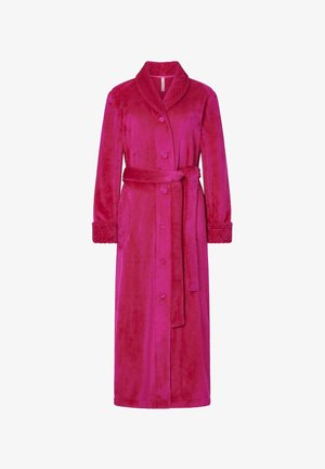 Bata de baño rosa difusa con cuello chal, mangas largas, cierre de botón, bolsillos laterales y un cinturón a juego en la cintura.