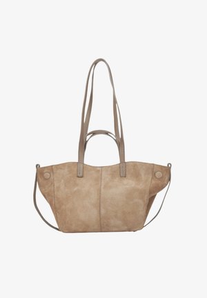 Bežová semišová taška na rameno s jemnou texturou, vybavená dvěma dlouhými a jedním krátkým uchem, doplněná kulatými akcenty po stranách.