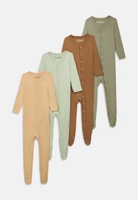 Set di quattro body a manica lunga in tessuti color beige, verde menta, marrone e verde oliva. Ciascuno presenta una chiusura frontale con bottoni e design con piedini.