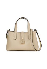 Beżowa skórzana torebka z dwoma uchwytami, odpinanym paskiem na ramię i złotym zamkiem w kształcie kłódki. Gładka faktura, usztywniony kształt oraz kontrastujące czarne wykończenia.