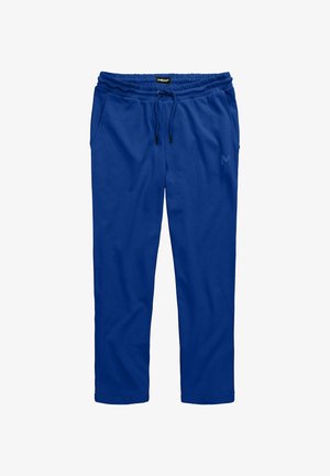Blå sweatpants lavet af blødt stof, med en elastisk talje og snøre, side-lommer og et diskret logo på benet.