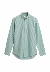 Camisa abotonada de rayas azul claro y blanca, de mangas largas, con bolsillo en el lado izquierdo del pecho, dobladillo curvado, hecha de suave tela de algodón.