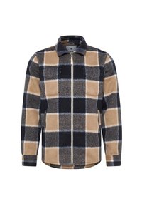 Fleece zip-up jacket featuring a checkered pattern in beige, navy, and black, with a collar and two front pockets. Soft texture.