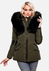 Olive green puffer jacket featuring a detachable black faux fur collar, zip closure, ribbed black sleeve accents, and large pockets.