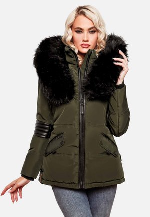 Olive green puffer jacket featuring a detachable black faux fur collar, zip closure, ribbed black sleeve accents, and large pockets.