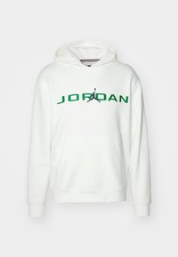Felpa bianca con cappuccio, caratterizzata dal logo verde "JORDAN" e dalla grafica nera del Jumpman. Presenta una tasca kangaroo frontale e polsini a coste.