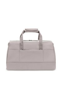 Hellgraue Reisetasche mit doppelten Obergriffen, glatter Textur, Reißverschluss und Fronttasche. Strapazierfähiges Material mit minimalistischer Gestaltung.