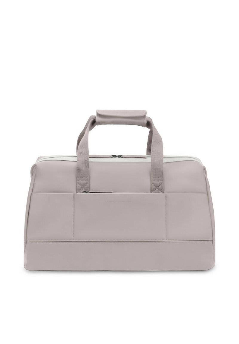 Hellgraue Reisetasche mit doppelten Obergriffen, glatter Textur, Reißverschluss und Fronttasche. Strapazierfähiges Material mit minimalistischer Gestaltung.