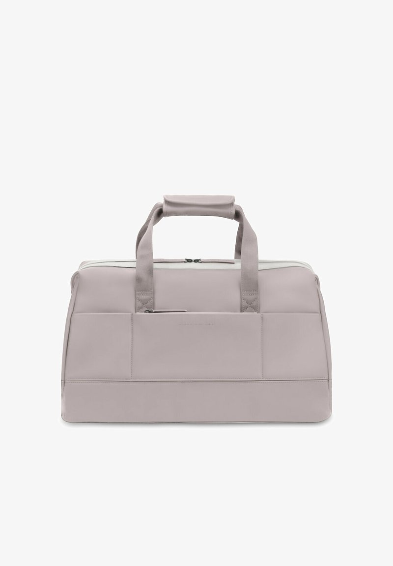 Hellgraue Reisetasche mit doppelten Obergriffen, glatter Textur, Reißverschluss und Fronttasche. Strapazierfähiges Material mit minimalistischer Gestaltung.
