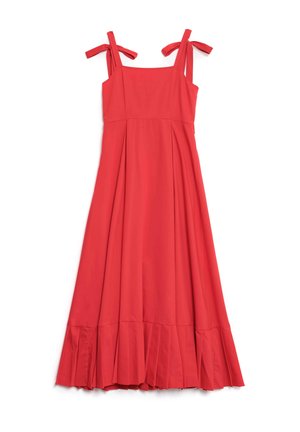 Red sleeveless dress with adjustable tie straps, pleated lower hem, and fitted bodice. Smooth fabric in a solid, bright color.