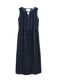 Navyblaues Kleid mit V-Ausschnitt, das mit weißen gepunkteten Mustern versehen ist, einem elastischen Bund und einer Bindeschleife. Ärmelloses Design.