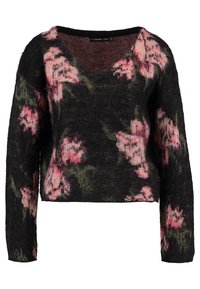 Maglione nero lavorato a maglia con maniche lunghe e scollo a V, decorato con motivi floreali rosa e accenti verdi su tutto il tessuto. Texture morbida.