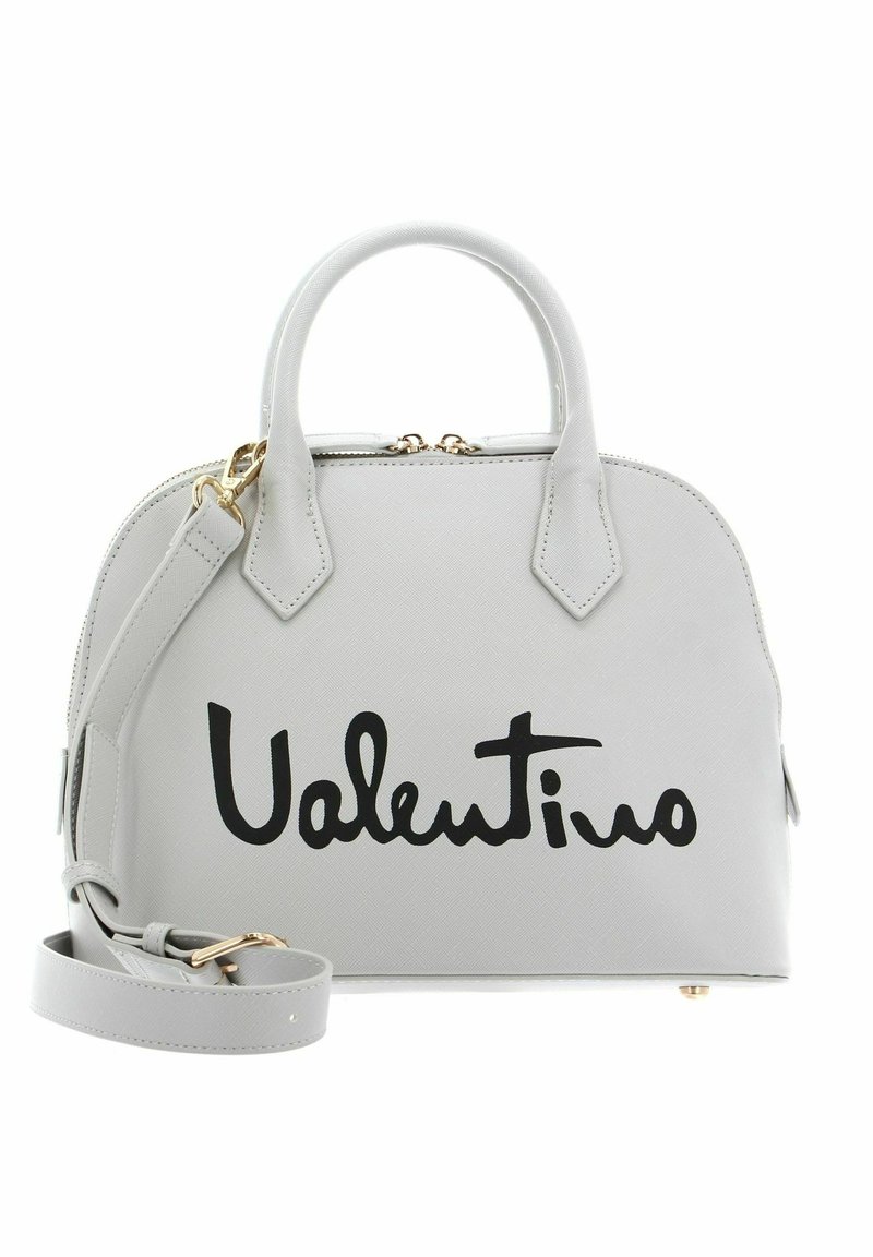 Gray leather handbag with rounded shape, top handles, and a detachable shoulder strap. Features large black "Valentino" logo on the front.