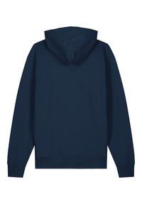 Marineblaue Kapuzenjacke mit normaler Passform, ausgestattet mit einer Kängurutasche und gerippten Bündchen. Hergestellt aus weichem Baumwoll-Mischgewebe.