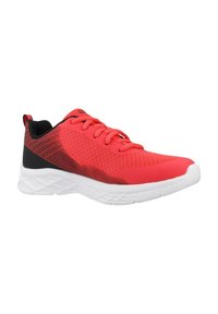 Zapatillas deportivas rojas con parte superior de malla, detalles en negro y suela blanca texturizada, que presentan un diseño moderno y un sistema de cordones.