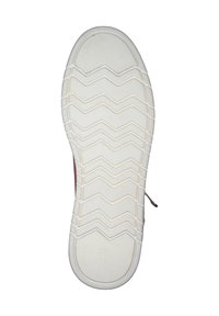 Weiße Sneaker-Sohle mit Zickzack-Profil; verfügt über eine erhabene Textur und eine Größenmarkierung von 38. Das Design ist minimalistisch und wirkt robust.