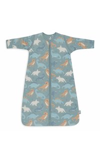 Sac de couchage à motifs d'animaux en tissu bleu doux, présentant divers dinosaures et animaux en orange et blanc, avec des manches courtes et une fermeture éclair à l'avant.